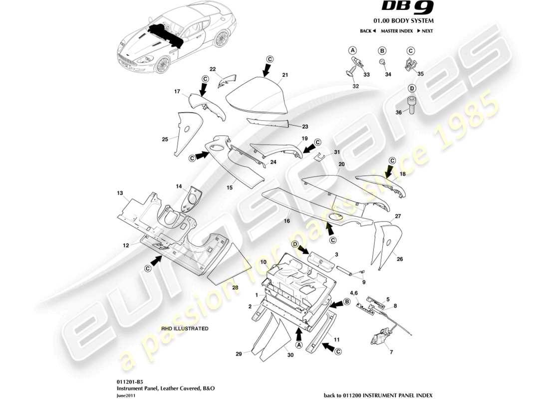 aston martin db9 (2012) instrument panel, leather, b&o part diagram