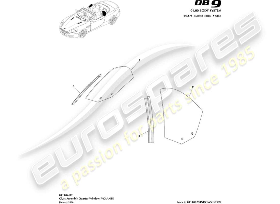 aston martin db9 (2012) rear quarter glass, volante part diagram