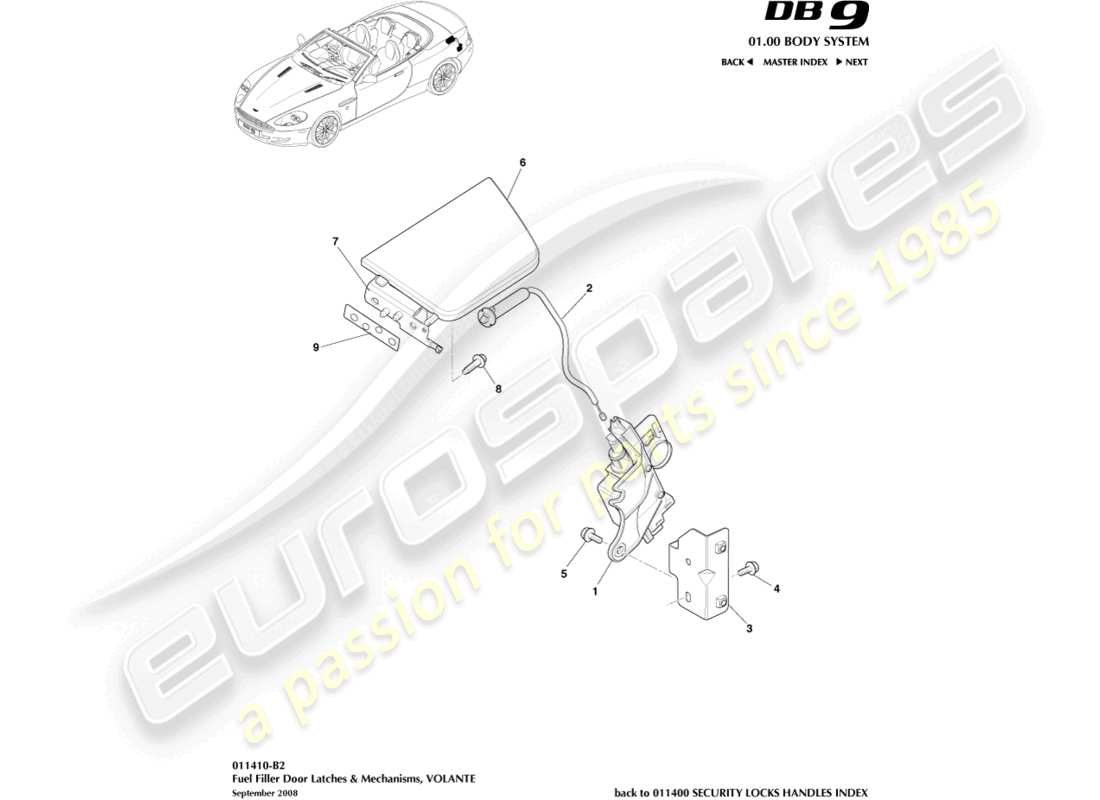 aston martin db9 (2012) fuel filler mechanism, volante part diagram