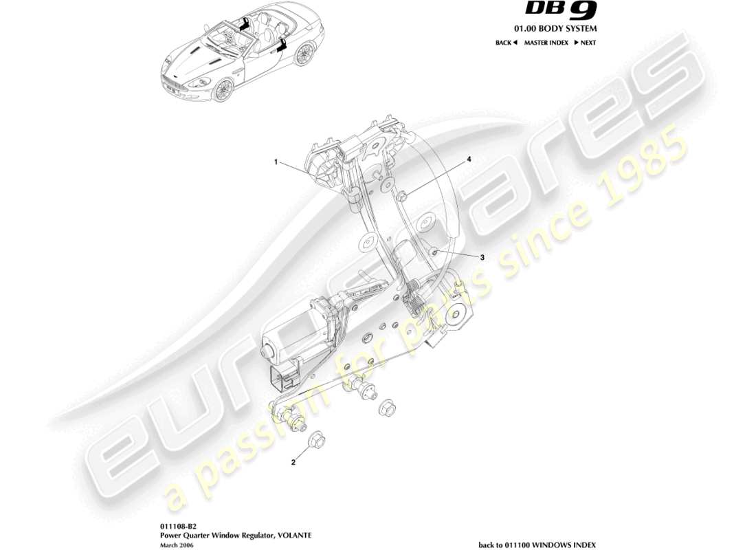 aston martin db9 (2012) rear quarter regulators, volante part diagram