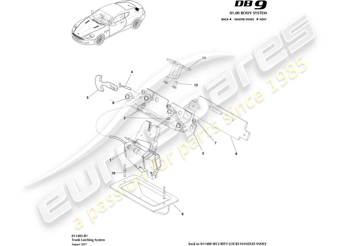 aston martin db9 (2012) trunk latch system part diagram