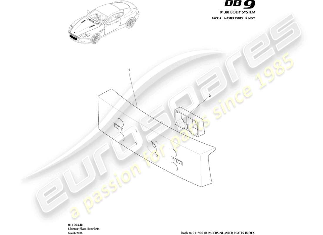 aston martin db9 (2012) license plate brackets part diagram