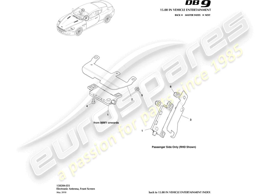 aston martin db9 (2012) electronic antenna, windscreen part diagram