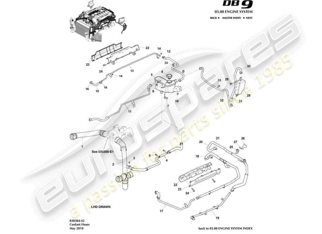 aston martin db9 (2012) coolant hoses & reservoir part diagram