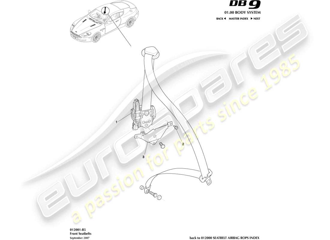 aston martin db9 (2012) front seat belts part diagram