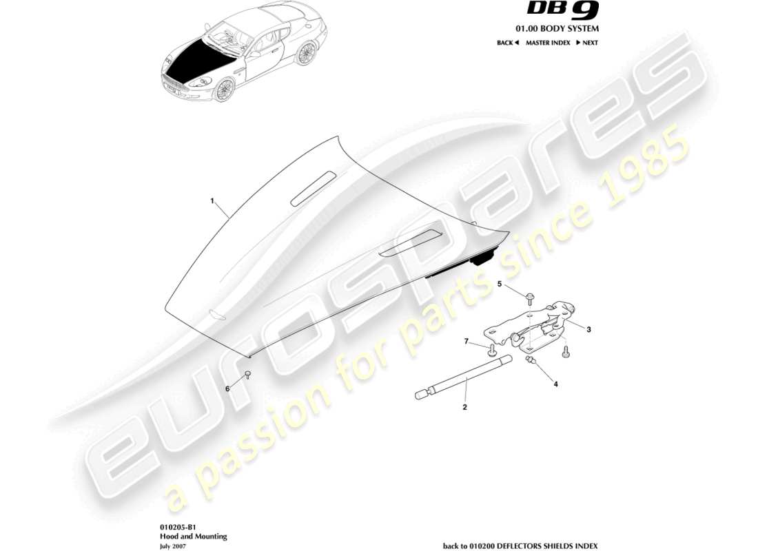 aston martin db9 (2012) bonnet and mounting part diagram