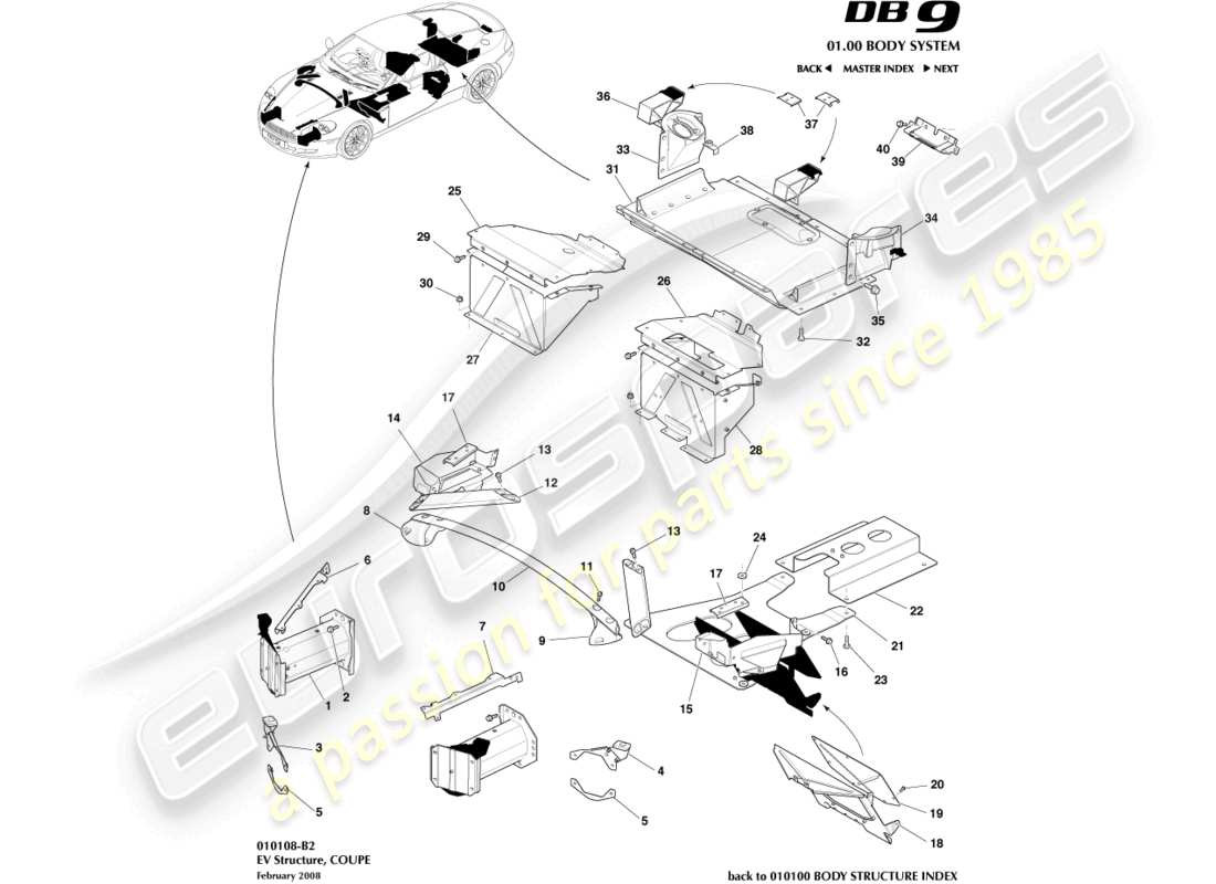 aston martin db9 (2012) ev structure, coupe part diagram