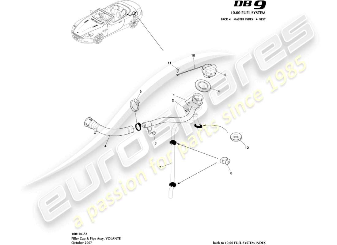 aston martin db9 (2012) fuel filler cap & pipe, volante part diagram