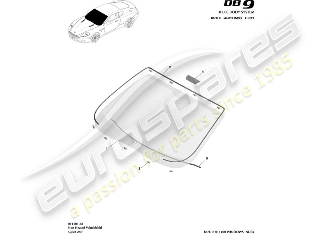 aston martin db9 (2012) windscreen, non heated part diagram