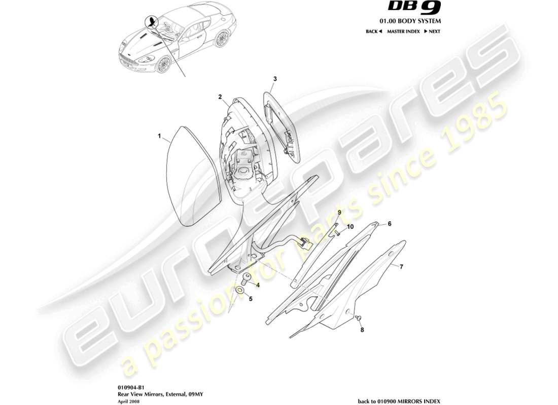 aston martin db9 (2012) exterior rear view mirrors, 09my part diagram