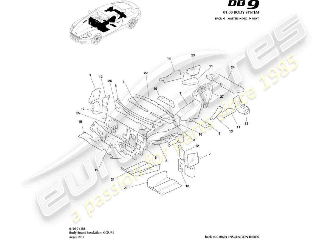 aston martin db9 (2012) body insulation, coupe part diagram