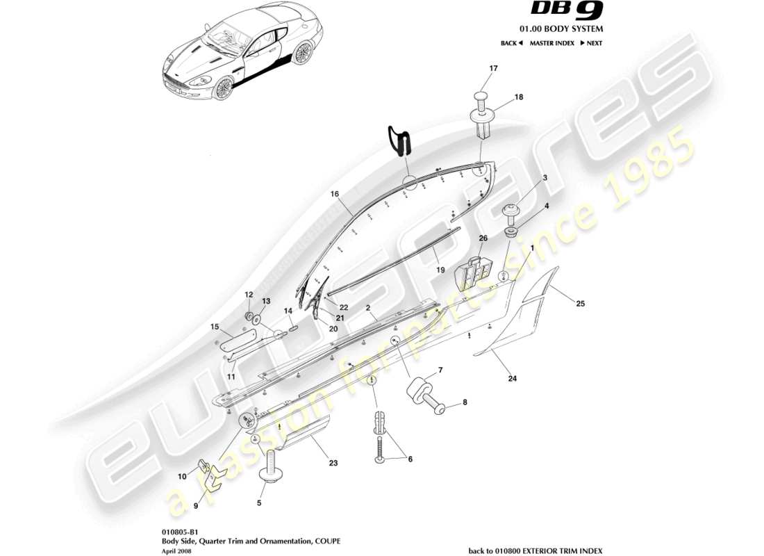 aston martin db9 (2012) bodyside & quarter trim, coupe part diagram