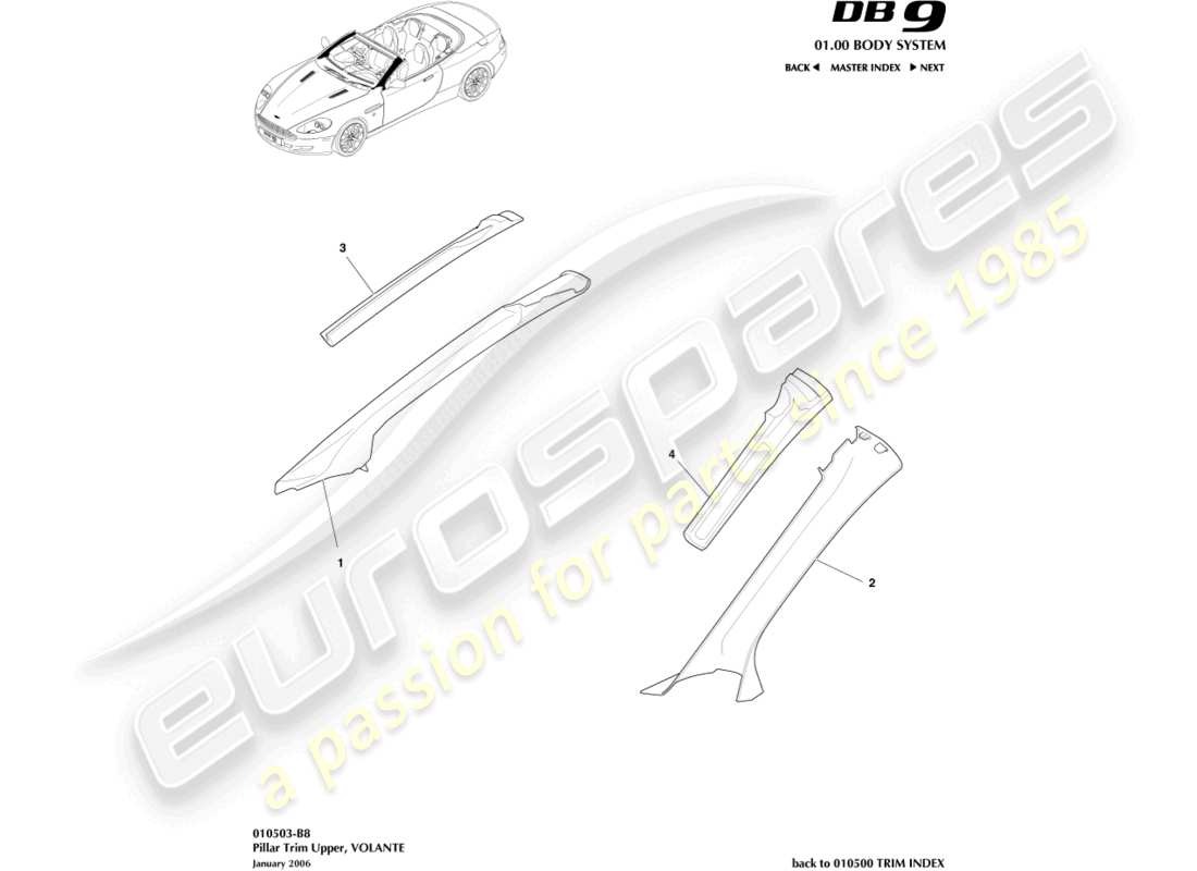 aston martin db9 (2007) pillar trim, upper, volante parts diagram