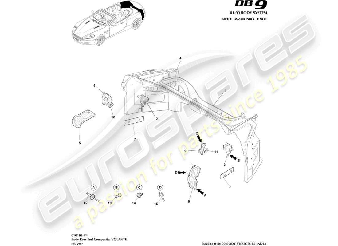 aston martin db9 (2007) body rear end composite, volante parts diagram