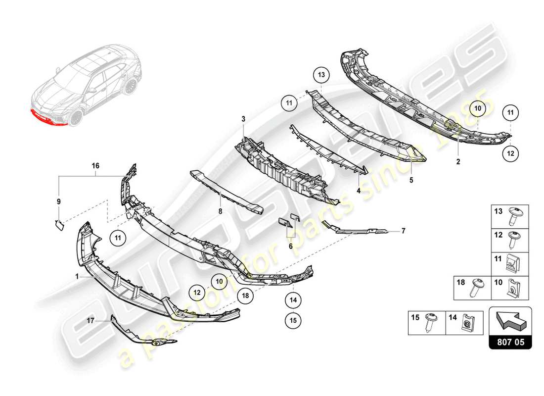 lamborghini urus (2020) bumper, complete carbon part diagram