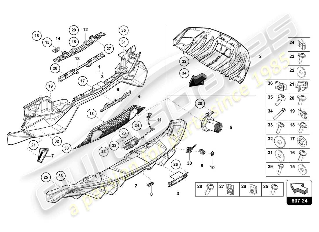 lamborghini ultimae roadster (2022) bumper, complete rear part diagram