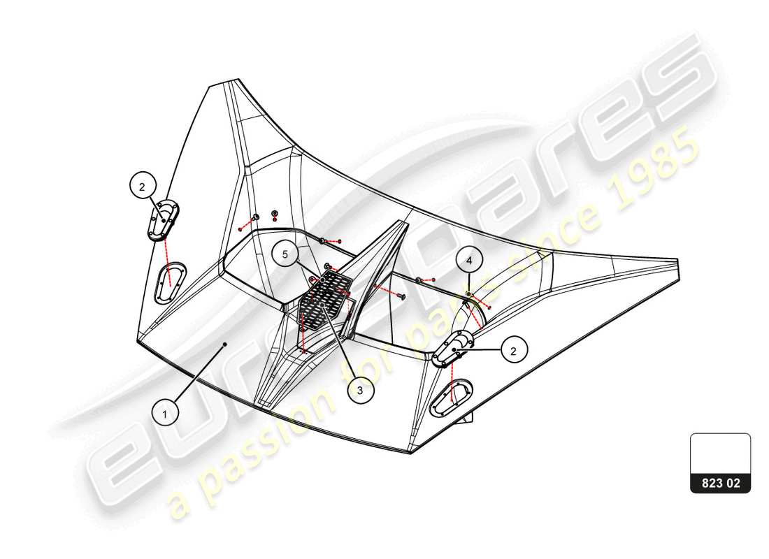 lamborghini super trofeo evo 2 (2022) front bonnet part diagram