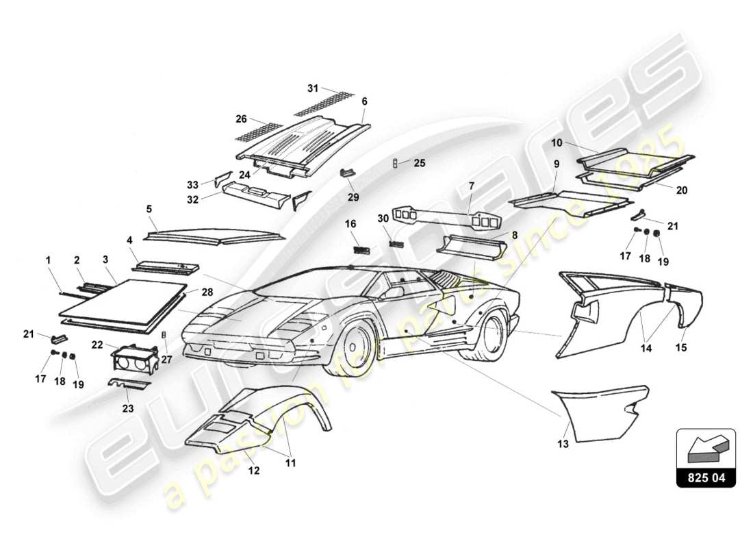 lamborghini countach 25th anniversary (1989) external lining part diagram