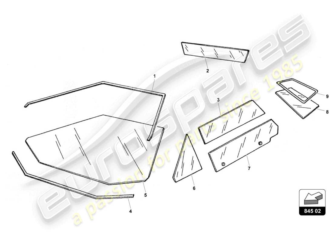 lamborghini countach 25th anniversary (1989) windscreen and door glasses part diagram