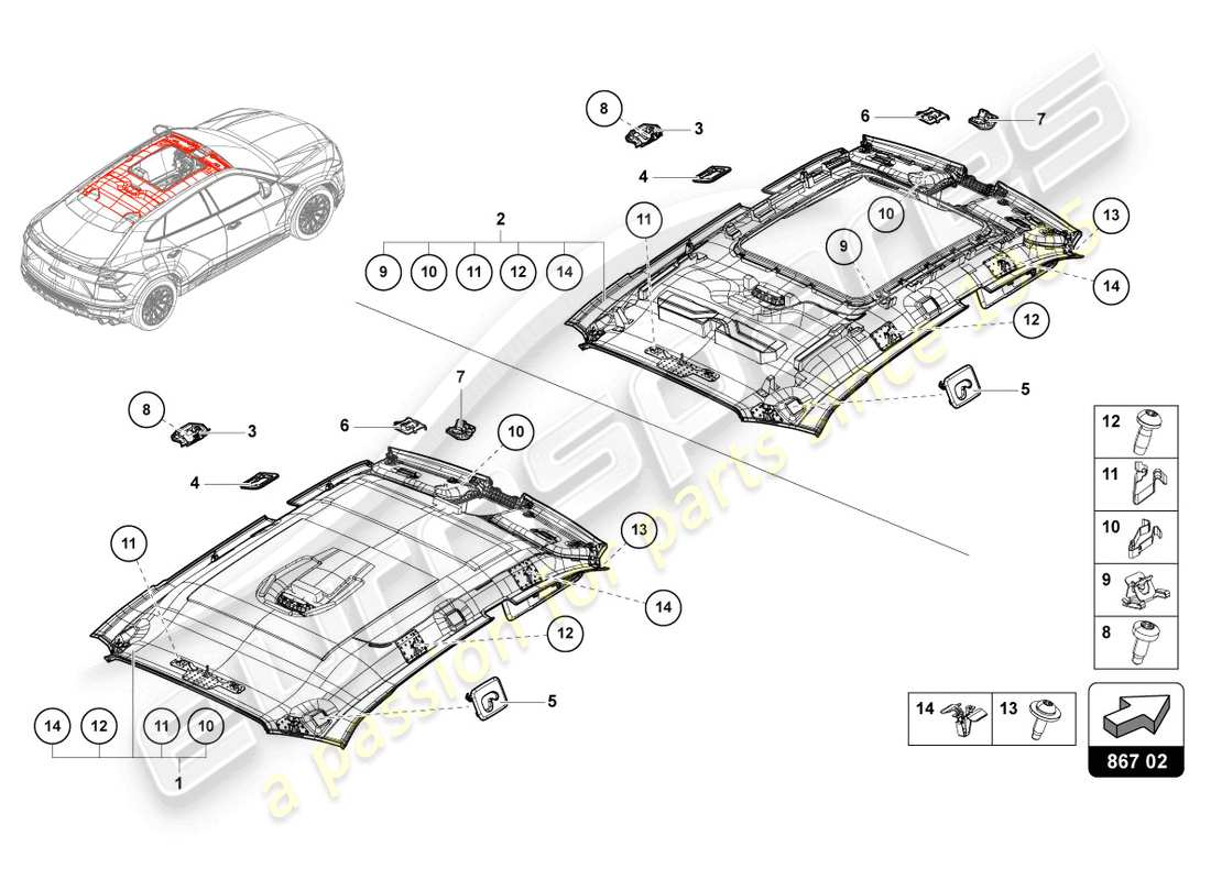 lamborghini urus performante (2024) roof trim part diagram