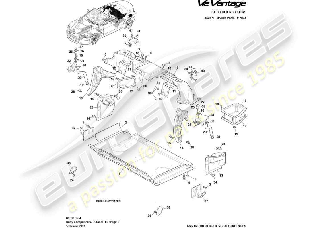 aston martin v12 vantage (2012) body components, roadster part diagram