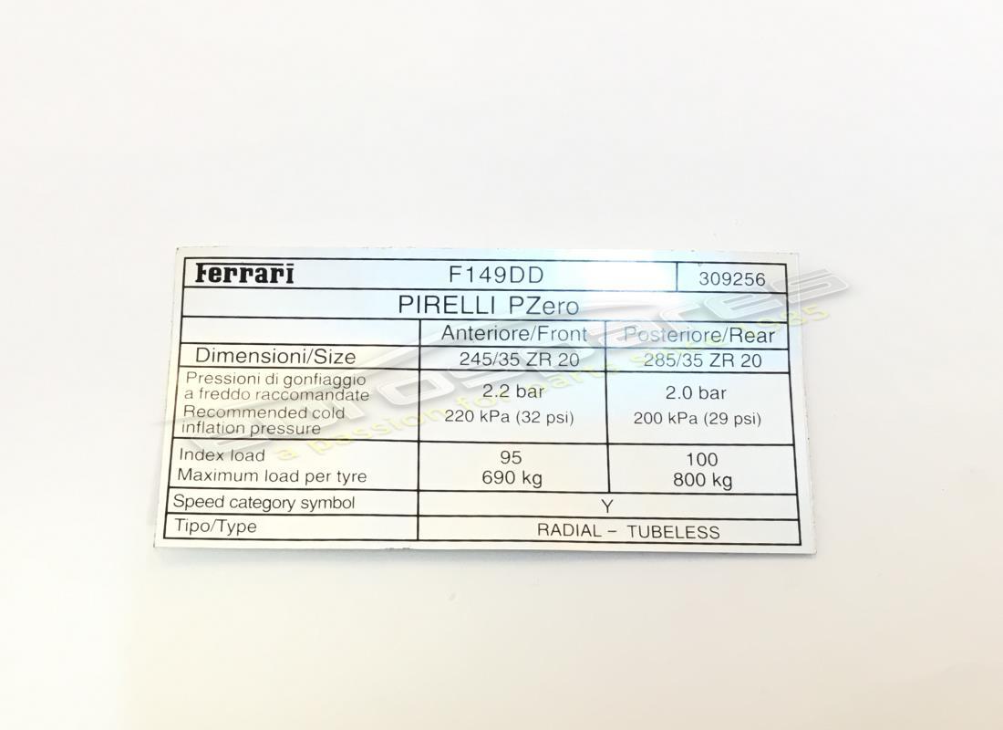 new ferrari tyre pressure label, pirelli. part number 309256 (1)