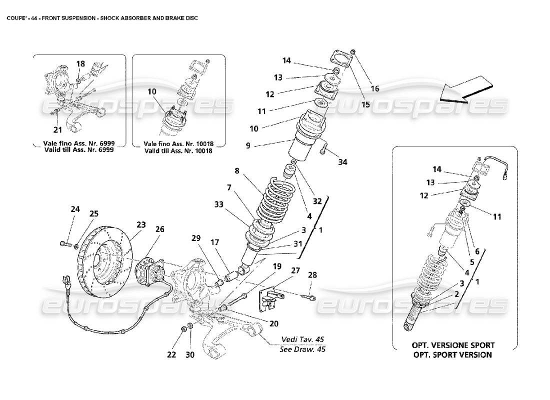 maserati 4200 coupe (2002) front suspension - shock absorber and brake disc part diagram