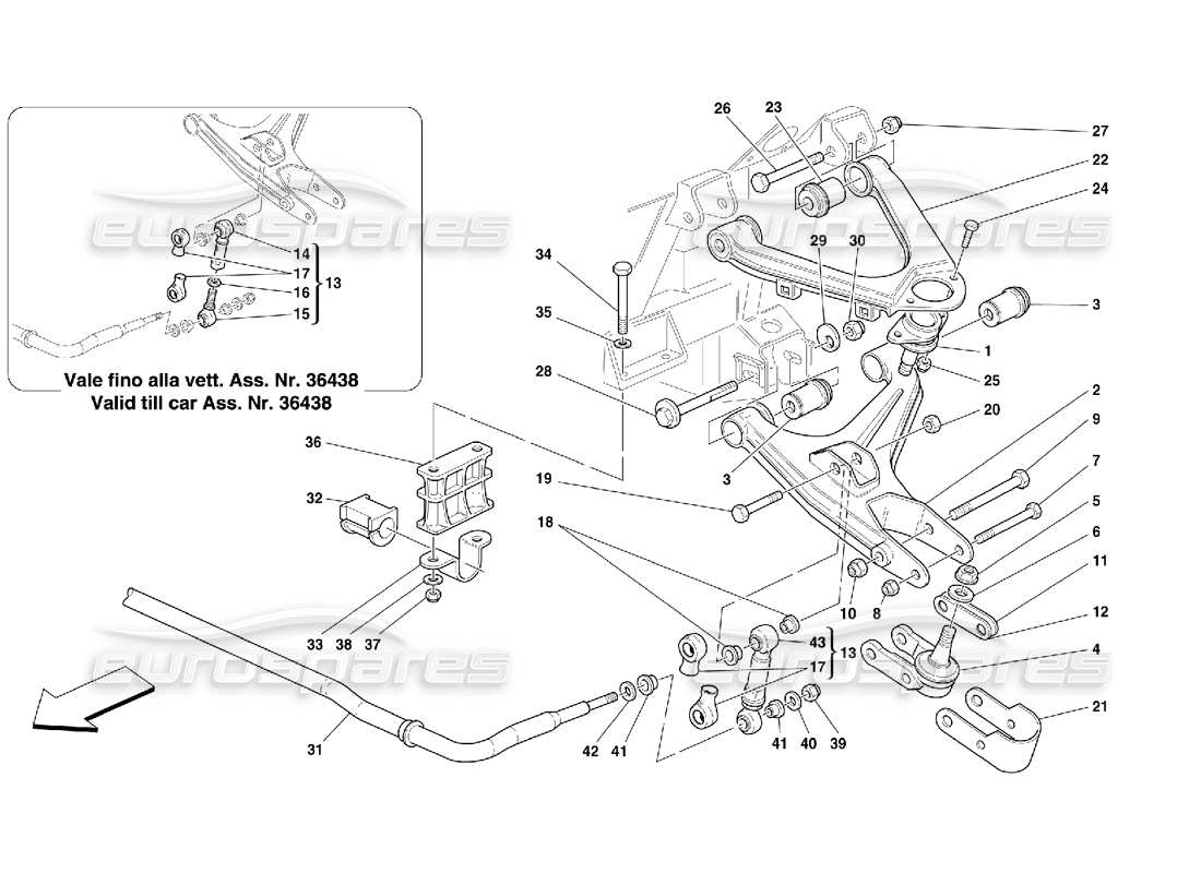 ferrari 550 maranello front suspension - wishbones and stabilizer bar part diagram