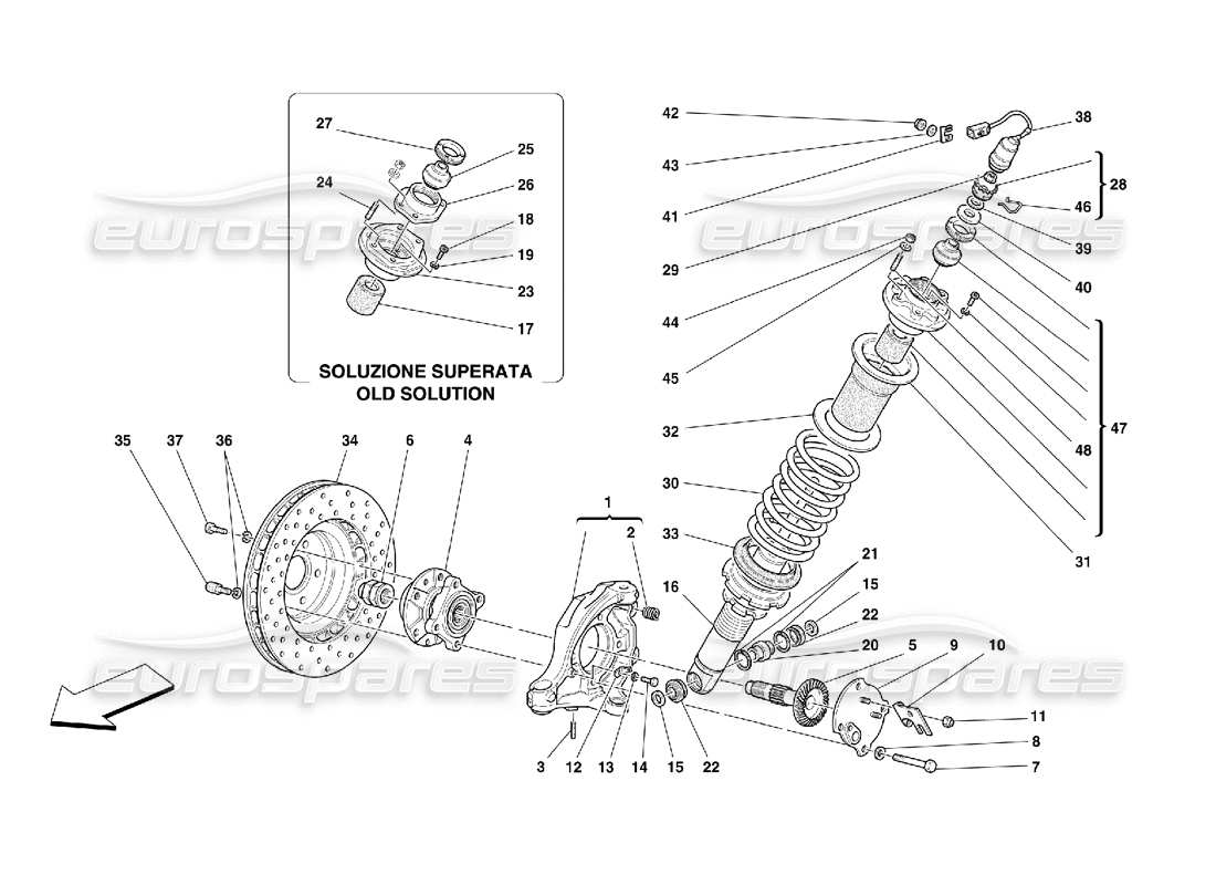 ferrari 550 maranello front suspension - shock absorber and brake disc part diagram