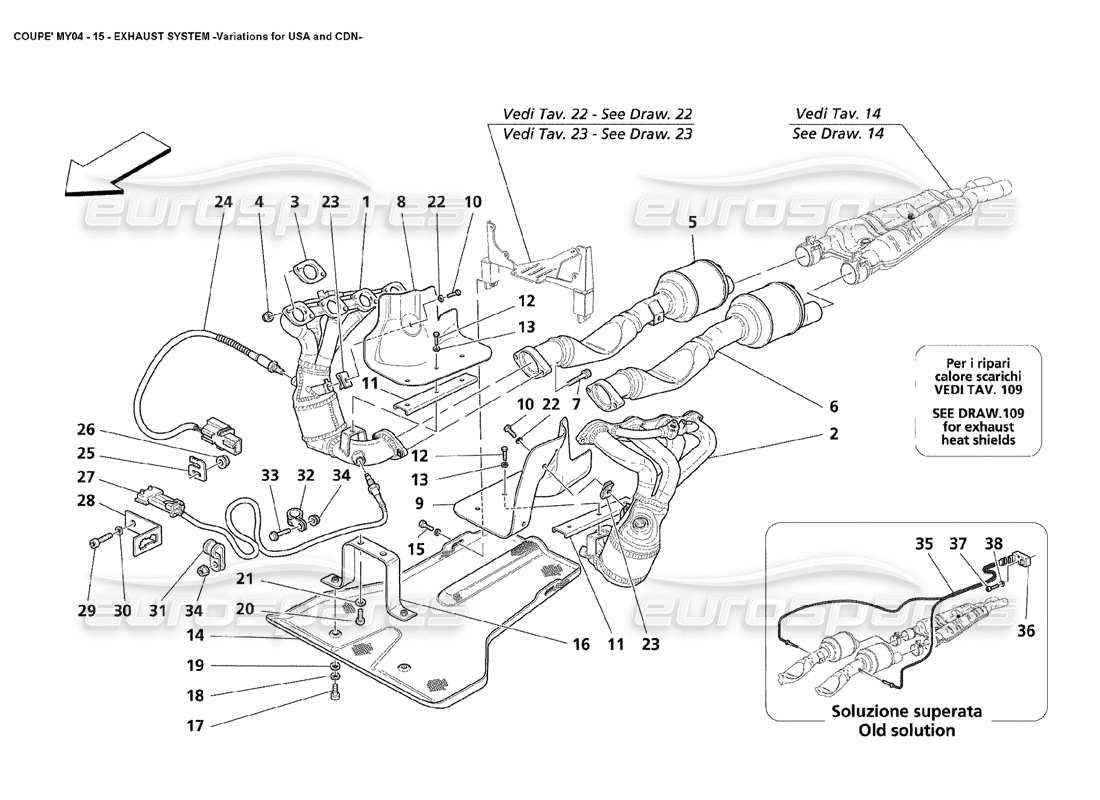 maserati 4200 coupe (2004) exhaust system variations for usa and cdn part diagram