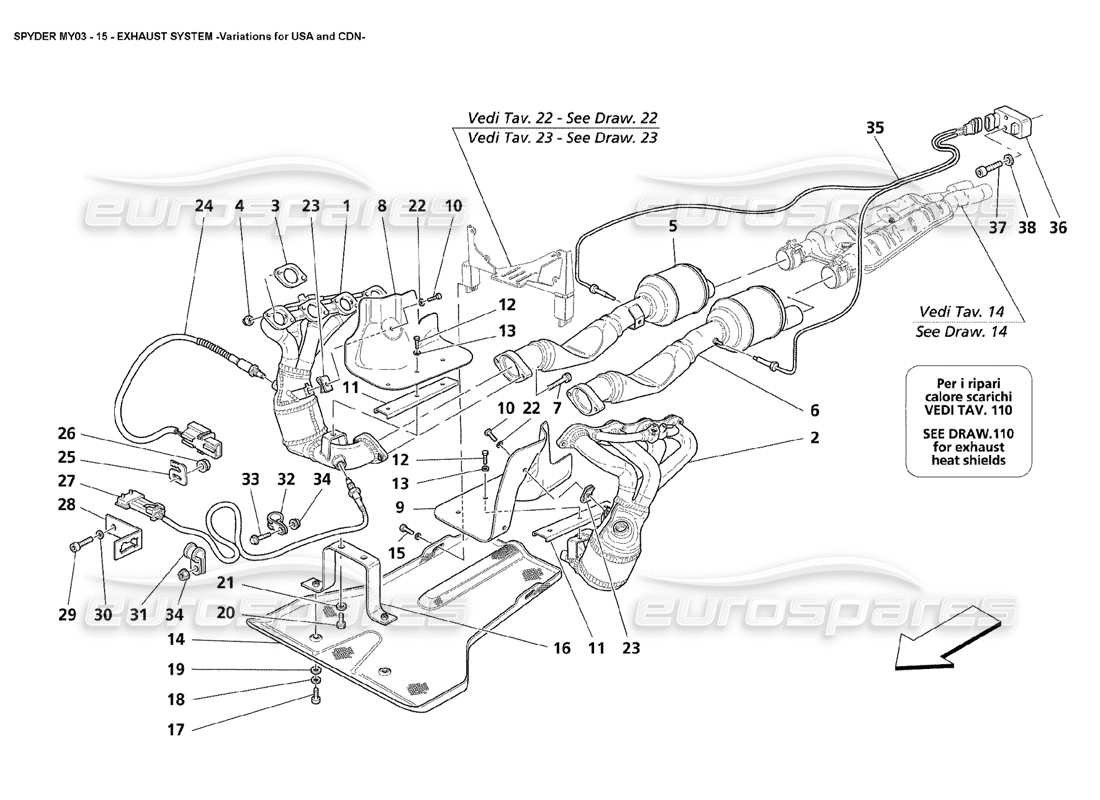 maserati 4200 spyder (2003) exhaust system - variations for usa and cdn part diagram