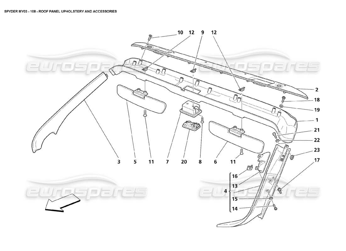 maserati 4200 spyder (2003) roof panel upholstery and accessories part diagram