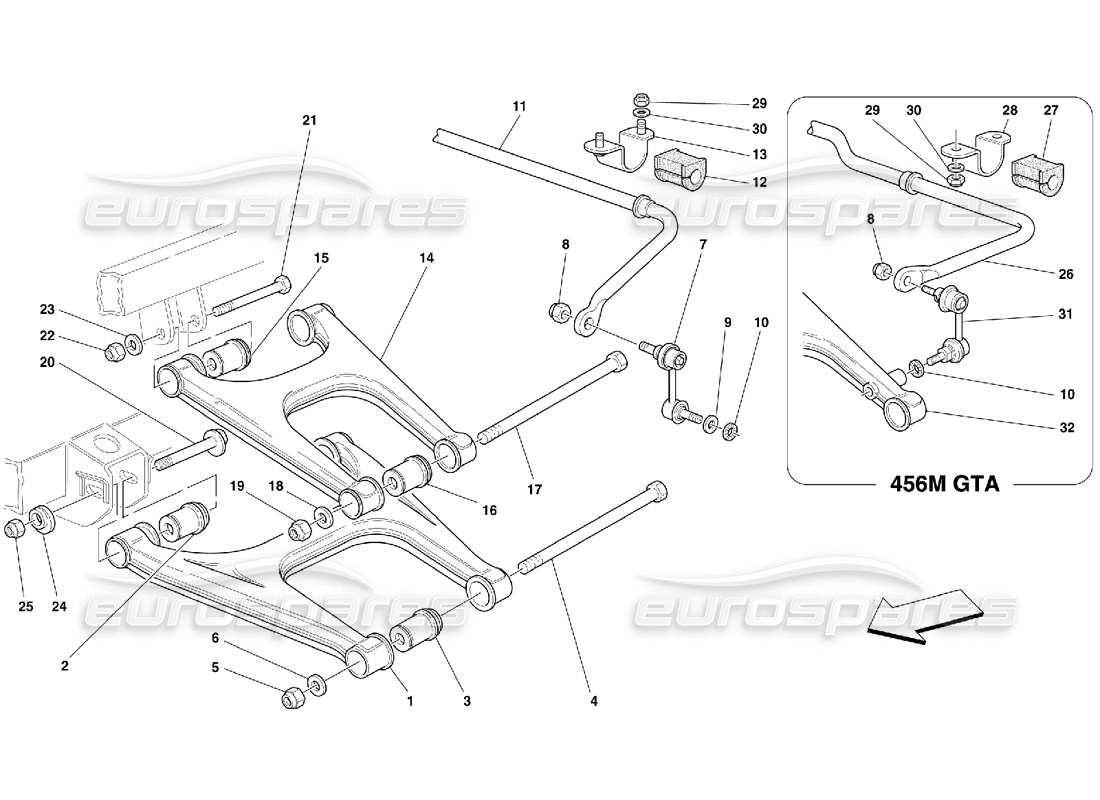 ferrari 456 m gt/m gta rear suspension - wishbones and stabilizer bar part diagram