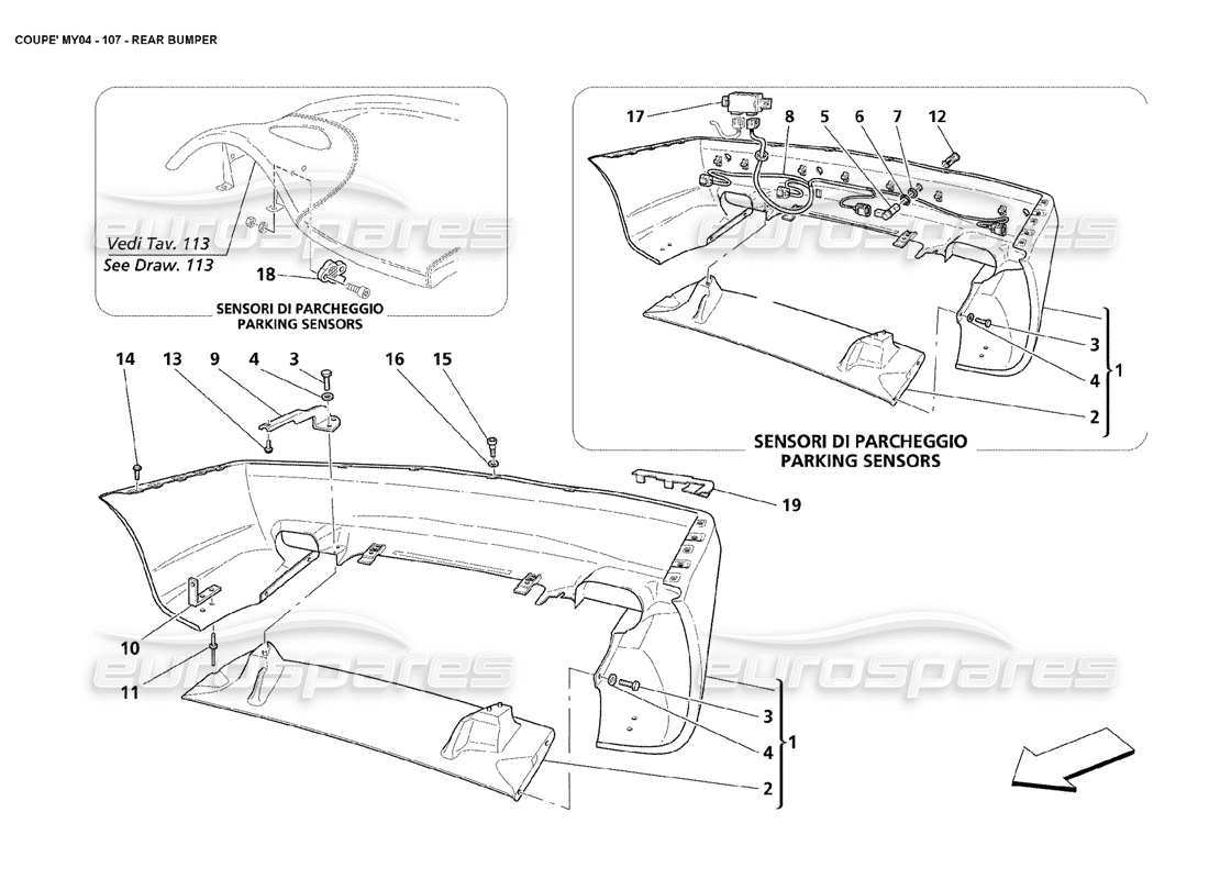 maserati 4200 coupe (2004) rear bumper part diagram