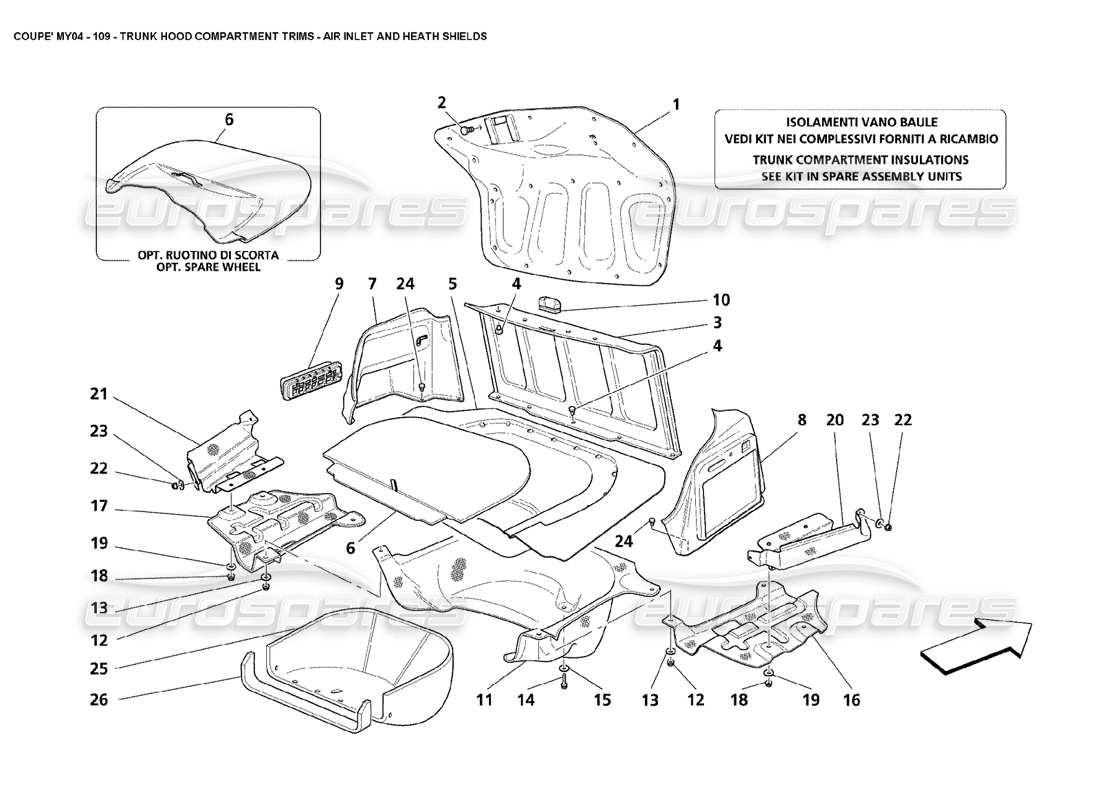 maserati 4200 coupe (2004) trunk hood compartment trims air inlet and heath shields part diagram