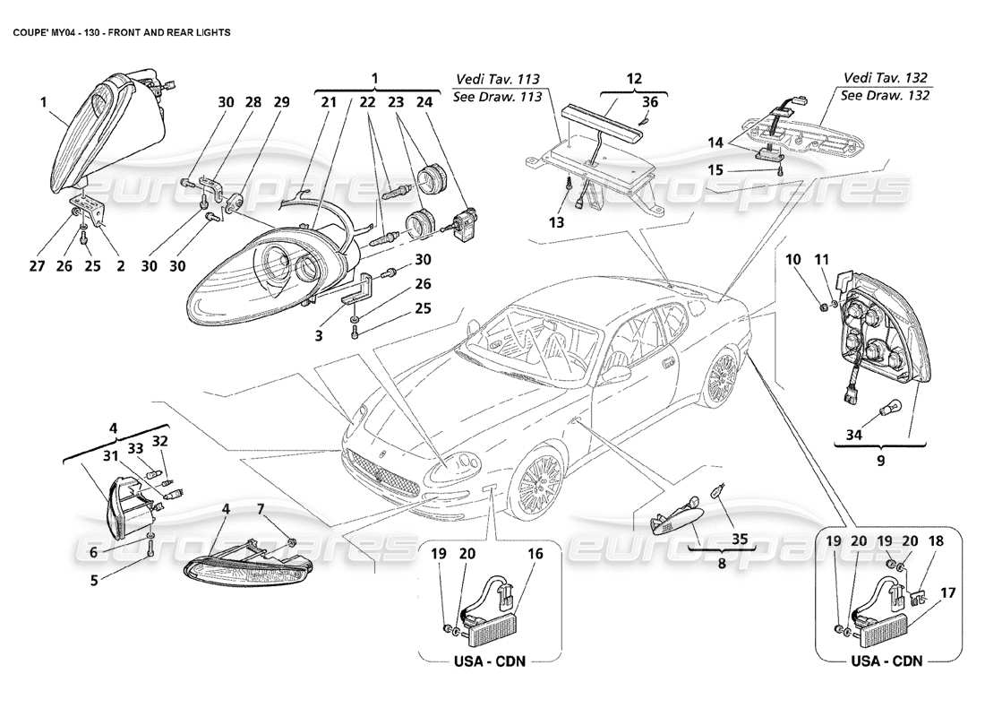 maserati 4200 coupe (2004) front and rear lights part diagram