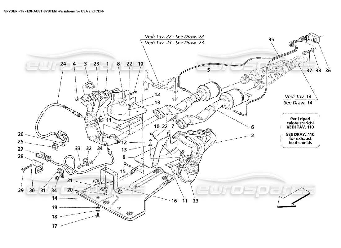 maserati 4200 spyder (2002) exhaust system -variations for usa and cdn part diagram