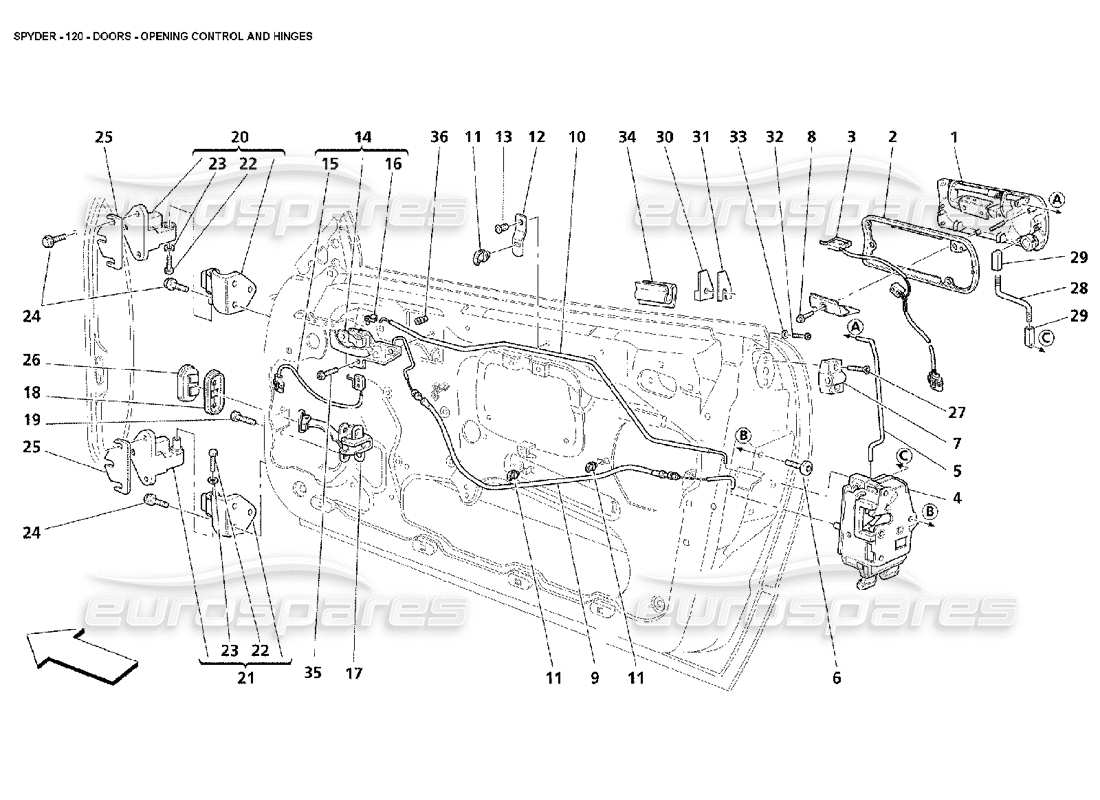 maserati 4200 spyder (2002) doors - opening control and hinges part diagram