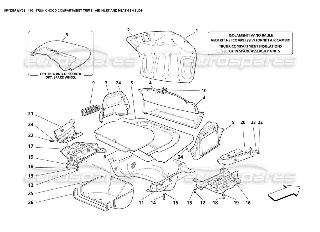 maserati 4200 spyder (2003) trunk hood compartment trims - air inlet and health shields part diagram