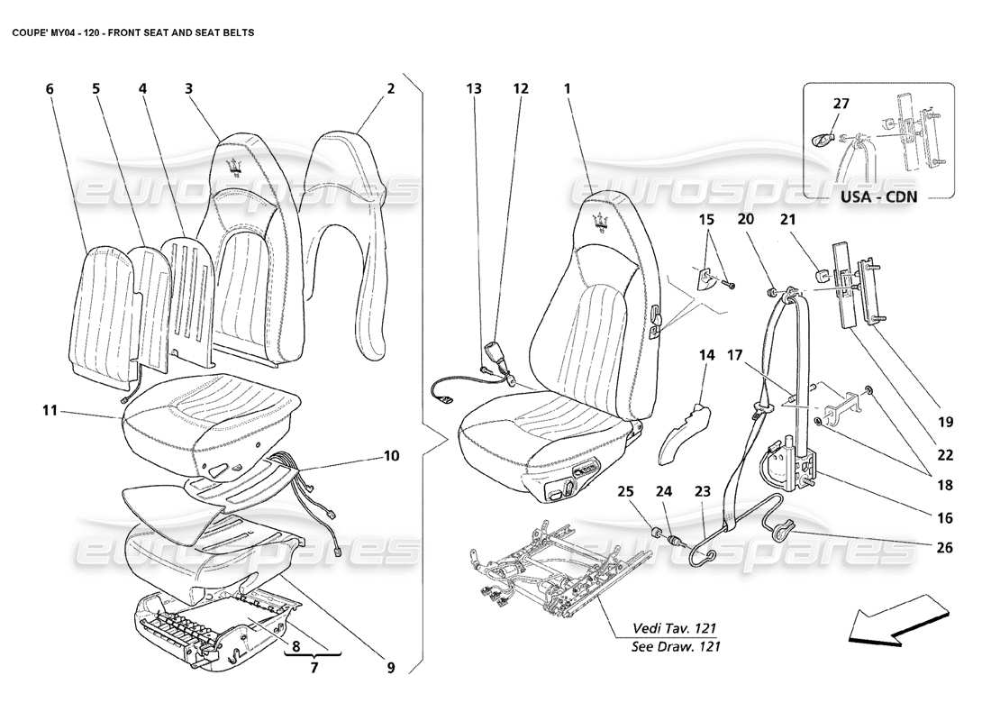 maserati 4200 coupe (2004) front seat and seat belts part diagram