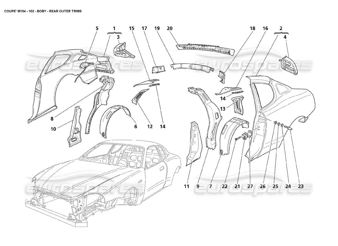 maserati 4200 coupe (2004) body rear outer trims part diagram