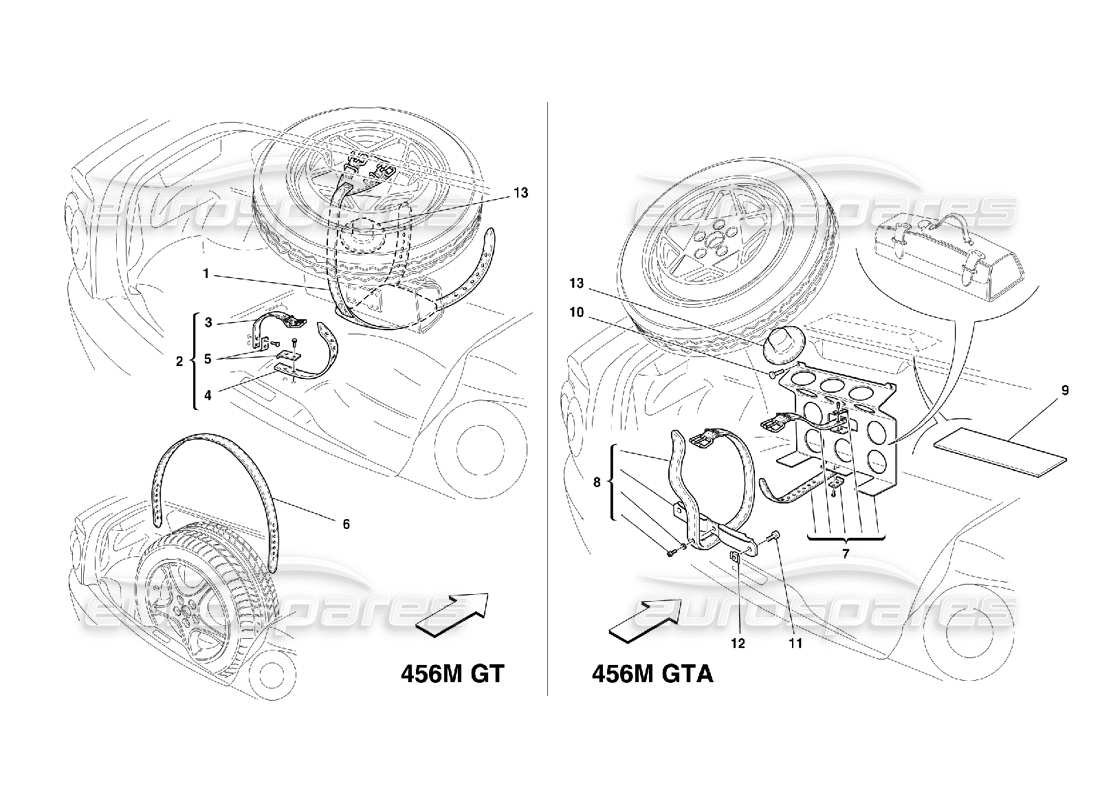 ferrari 456 m gt/m gta spare wheel fixings part diagram