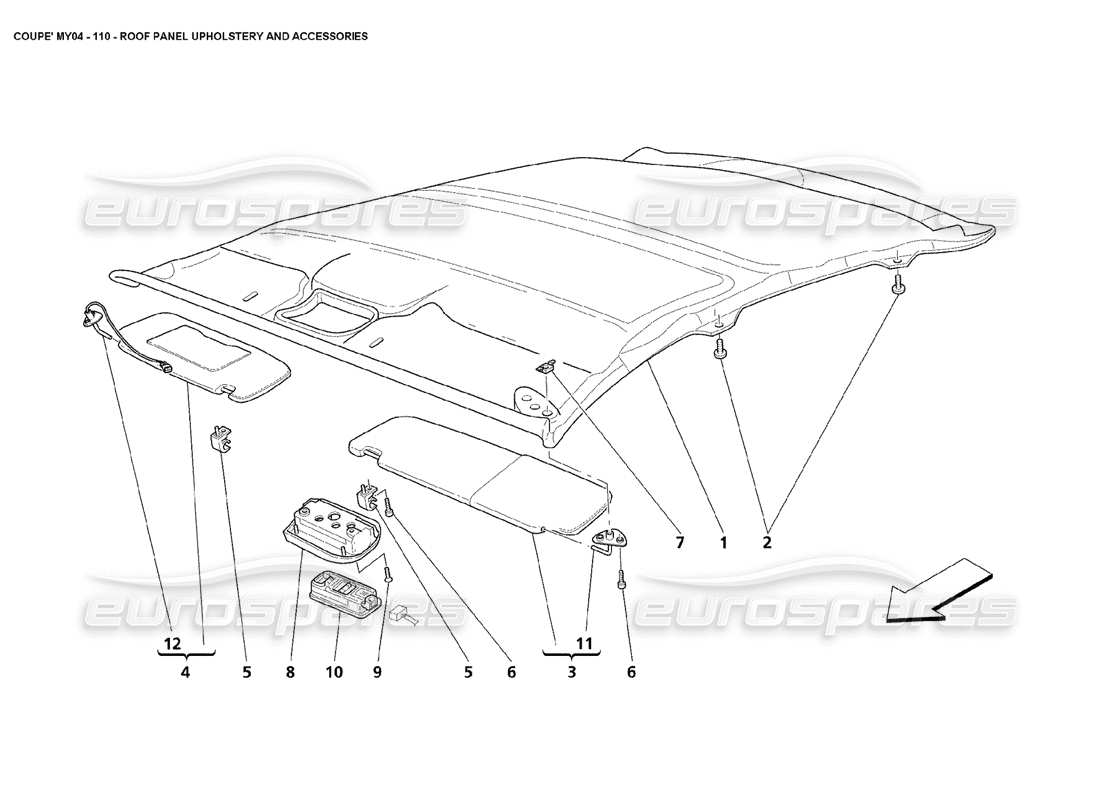 maserati 4200 coupe (2004) roof panel upholstery and accessories part diagram