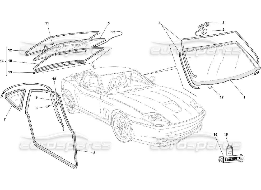 ferrari 550 maranello glasses and gaskets part diagram