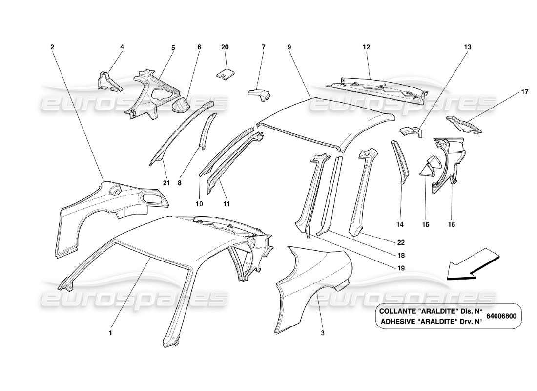 ferrari 456 m gt/m gta roof panel structures and components part diagram