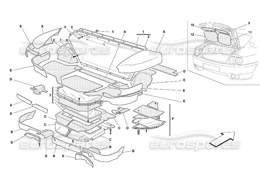 ferrari 456 m gt/m gta trunk hood insulations -valid for 456m gta part diagram