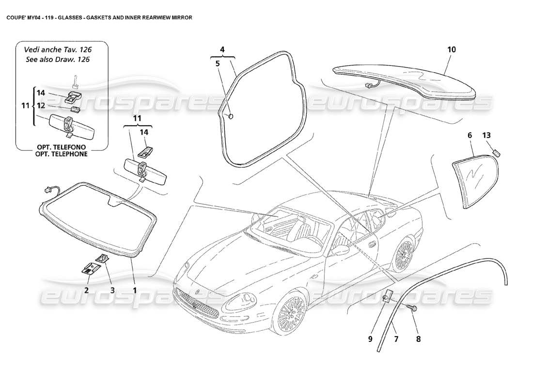 maserati 4200 coupe (2004) glasses gaskets and inner rearwiew mirror part diagram