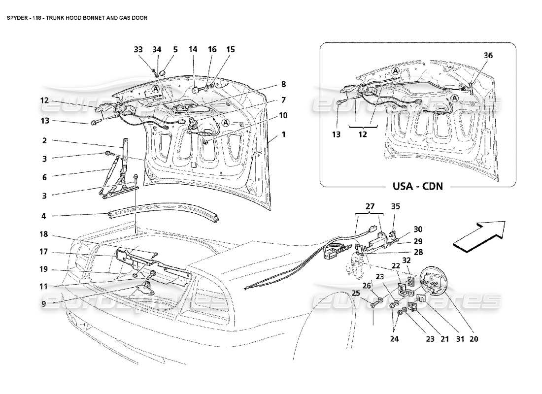 maserati 4200 spyder (2002) trunk hood bonnet and gas door part diagram