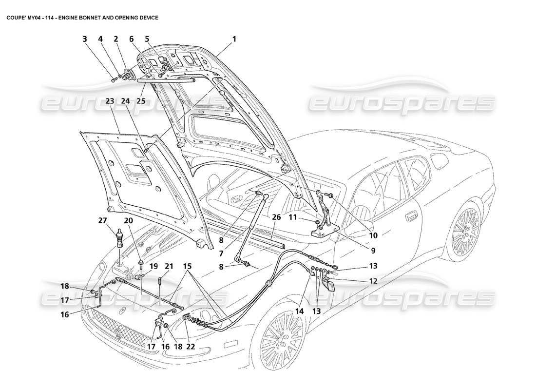 maserati 4200 coupe (2004) engine bonnet and opening device part diagram