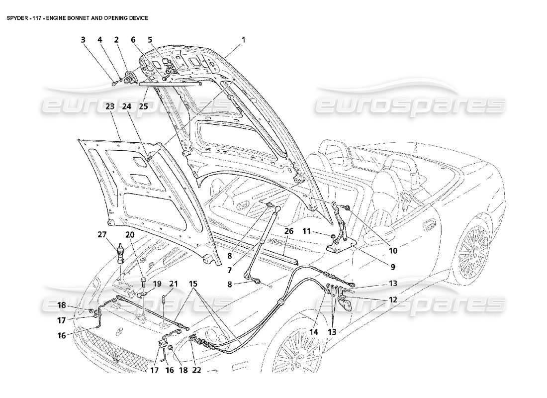 maserati 4200 spyder (2002) engine bonnet and opening device part diagram